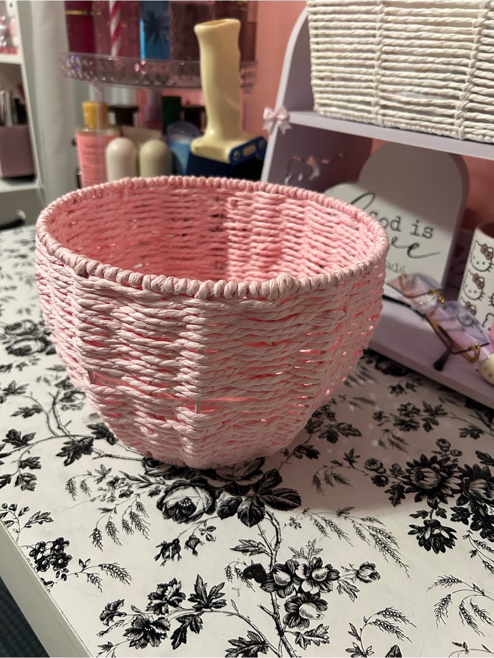 Pink Woven Decorative Basket with Red Bow Accent - Picture 3 of 4